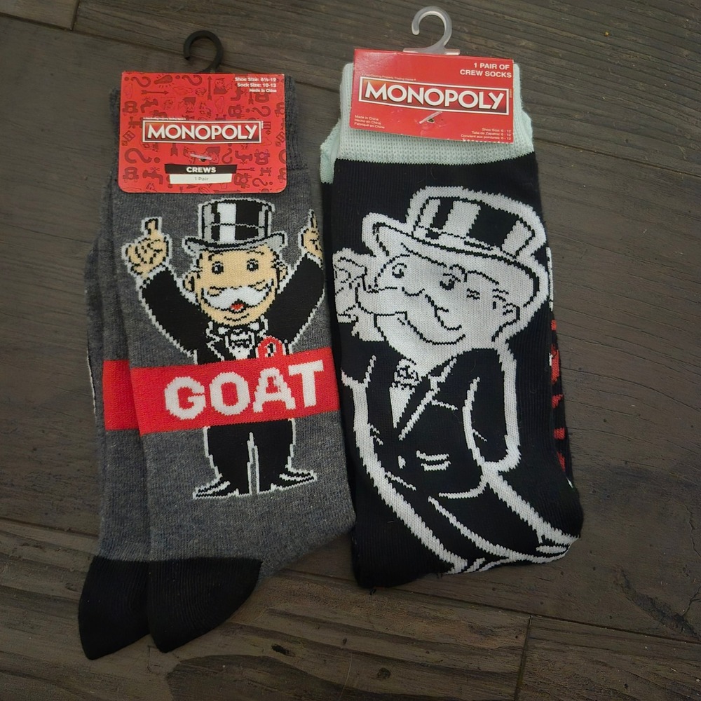 Monopoly Crew Socks 2 Pair Bundle GOAT Rich Uncle Pennybags Board Game Mens 6-12